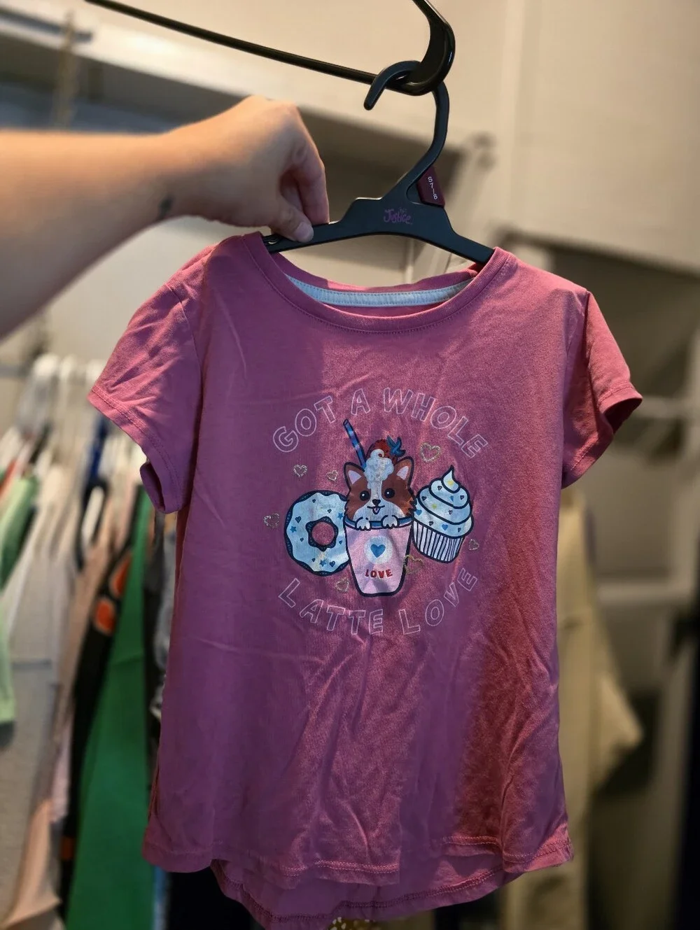 Kids Pink Graphic Tee with Cute Latte Design